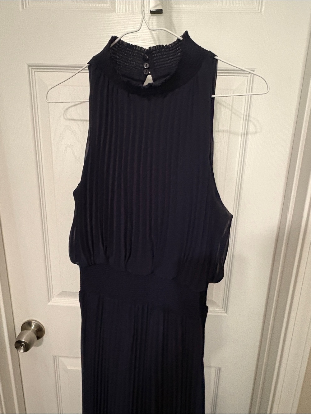 Xscape Navy Pleated Halter Maxi Gown
